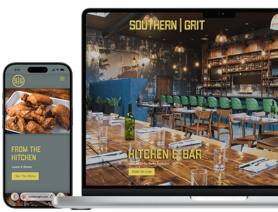 Brand identity and website design for Southern Grit, a contemporary Southern restaurant